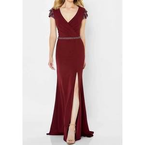 NEW MONTAGE BY MON CHERI embellished surplice bodice formal gown in wine